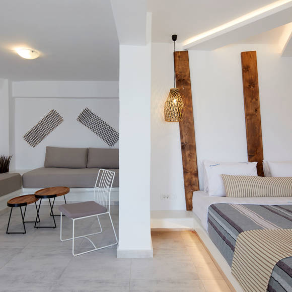 Santorini View Hotel Suite single space with partition for bedroom and living room