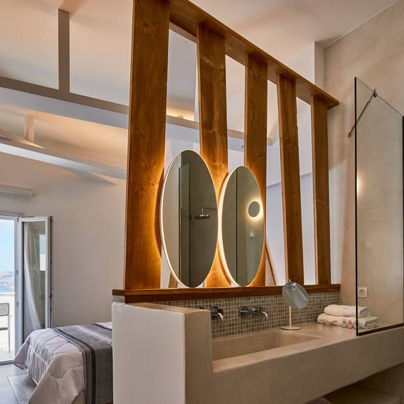 Santorini View Hotel bedroom with double bed, aegean sea view and open bathroom